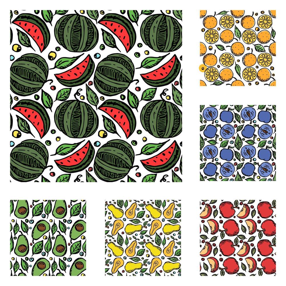 set van verschillende naadloze fruitpatronen. doodle vector fruit achtergrond