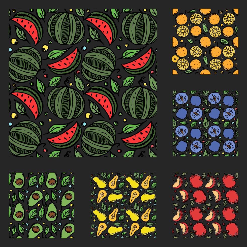 set van verschillende naadloze fruitpatronen. doodle vector fruit achtergrond