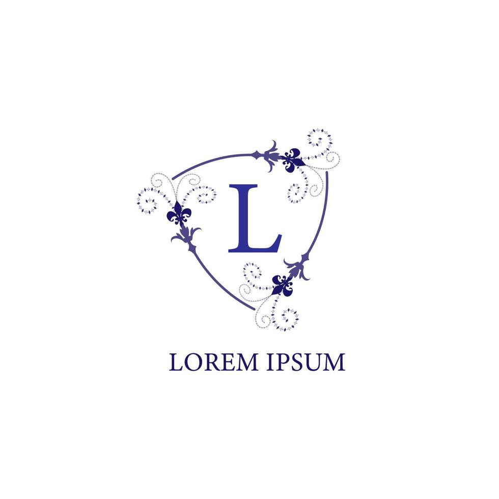 decoratief bloemenschild met leliebloemornament. letter l alfabet eerste logo ontwerpsjabloon. geïsoleerd op een witte achtergrond. paars violet kleurenthema. vector