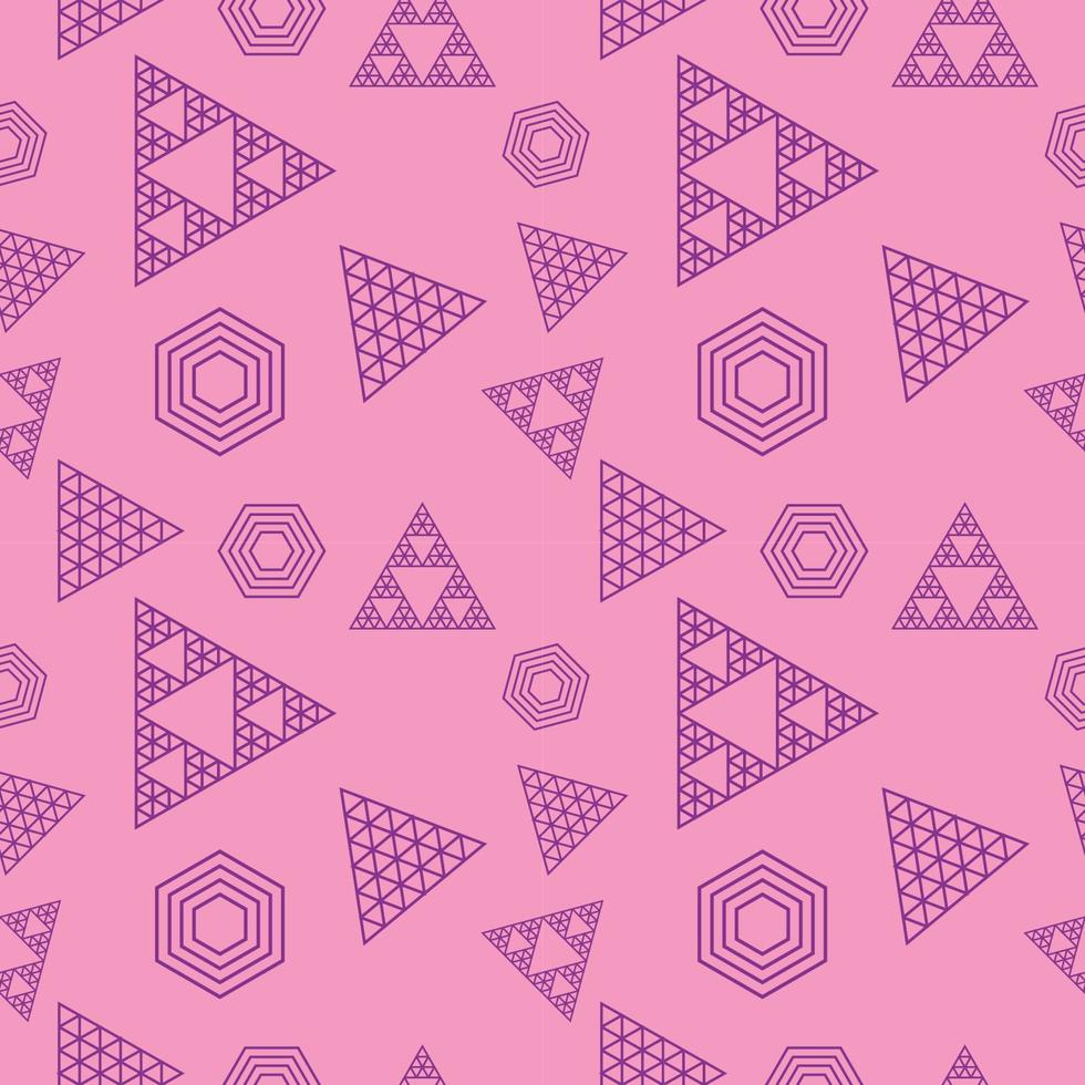 abstracte omtrek driehoeken en zeshoekige vorm ornament. retro geometrische naadloze patroon ontwerpsjabloon. roze paars violet kleurenthema. vector