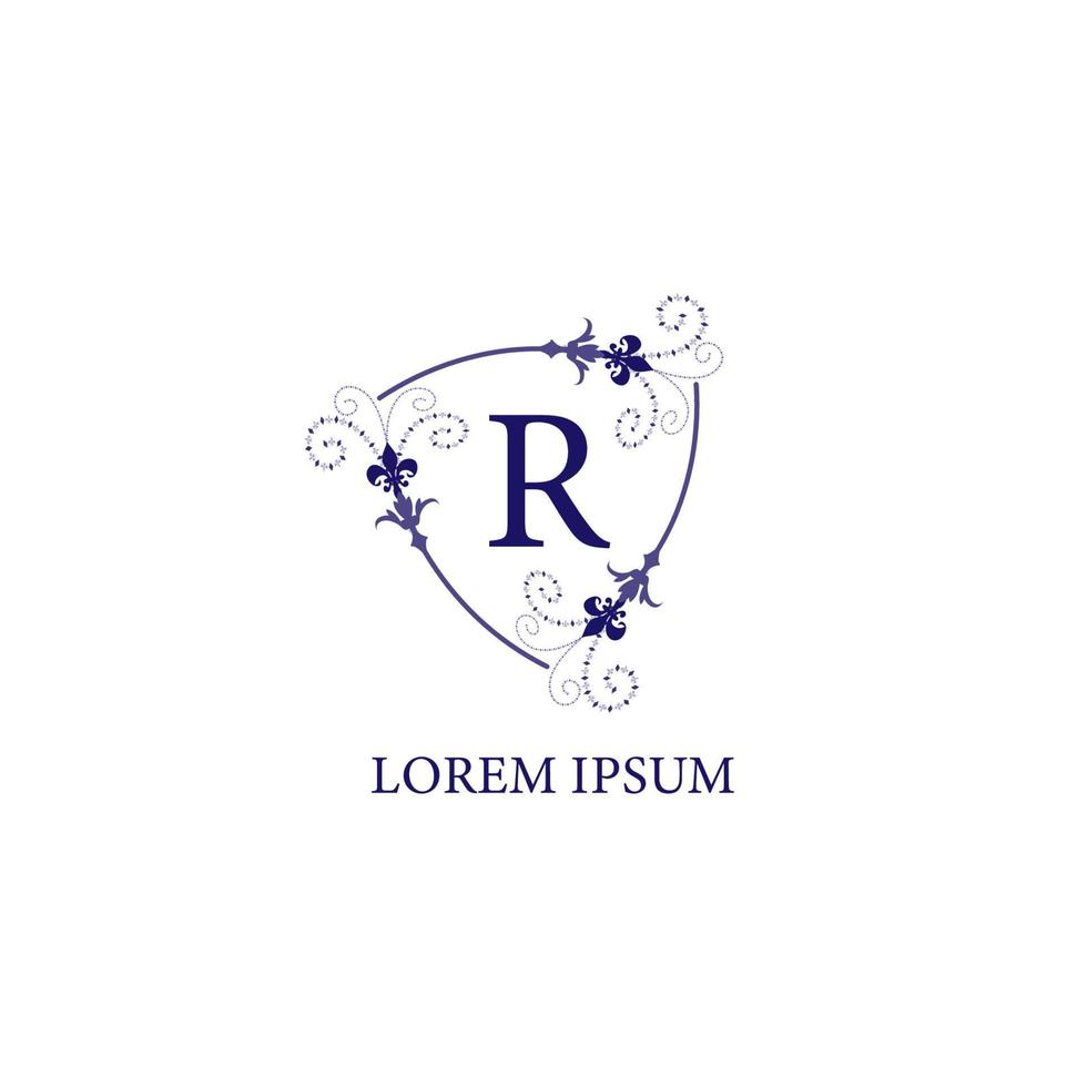 letter r alfabet eerste logo ontwerpsjabloon. decoratief bloemenschild met leliebloemornament. geïsoleerd op een witte achtergrond. paars violet kleurenthema. vector