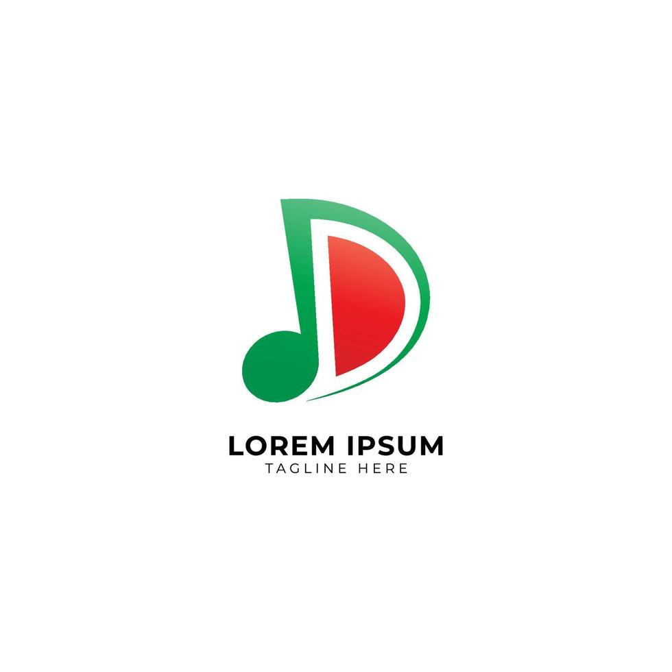 letter d alfabet muziek logo ontwerp geïsoleerd op een witte achtergrond. initiaal, muzieknoot, watermeloen, fruit logo concept. groen en oranje kleurenthema vector