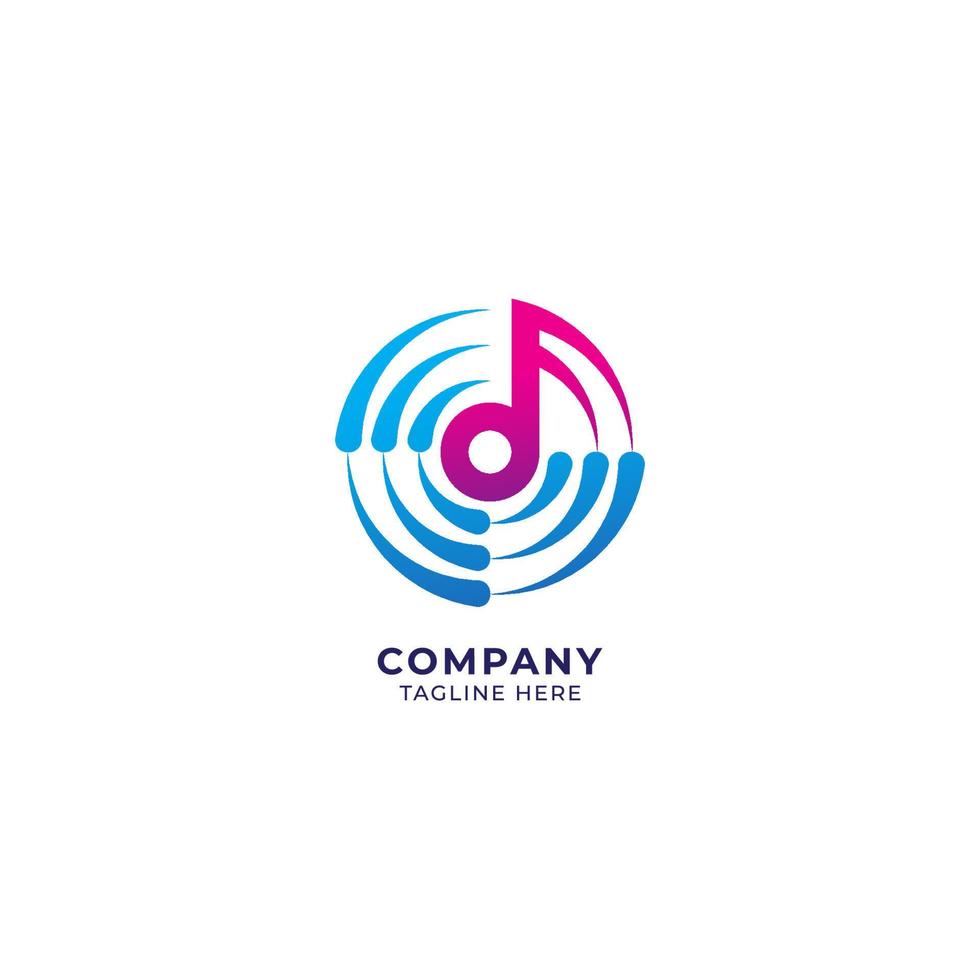 scherpe muzieknoot in het midden van vortexgolf. muziek en wetenschap logo concept. roze magenta blauw kleurverloop. vectorillustratie geïsoleerd op een witte achtergrond. vector