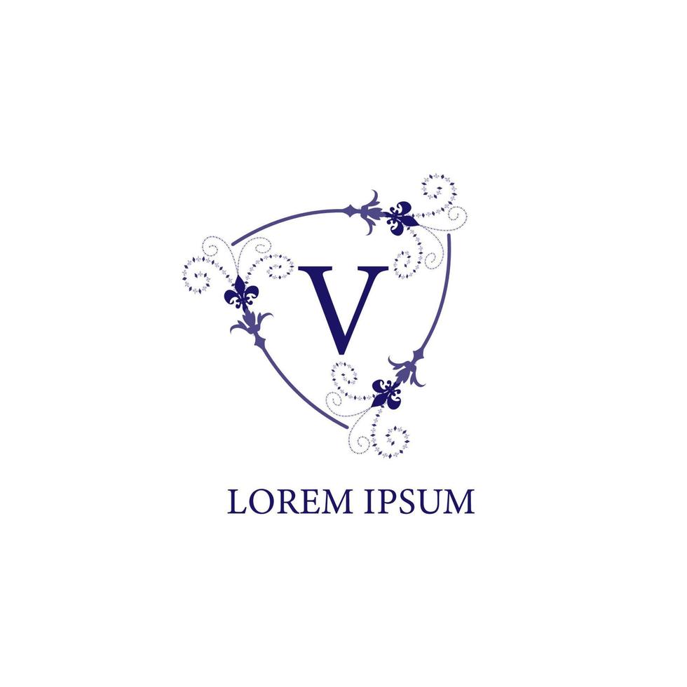 decoratief bloemenschild met leliebloemornament. letter v alfabet eerste logo ontwerpsjabloon. geïsoleerd op een witte achtergrond. paars violet kleurenthema. vector
