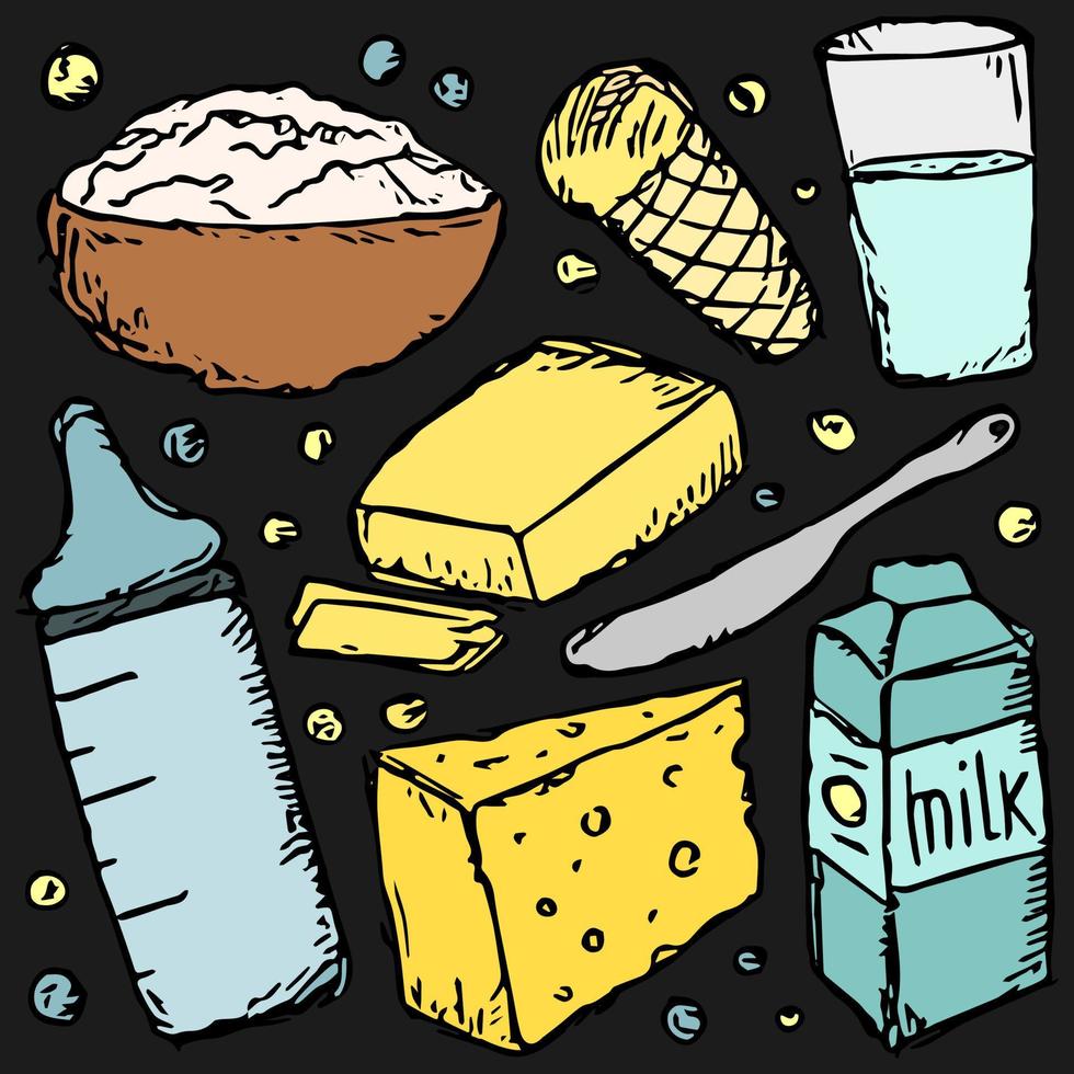 melk productie. vector doodle illustratie met melkproducten pictogram. melk eten