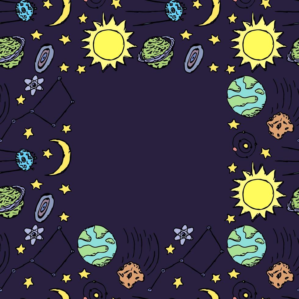 naadloos ruimtepatroon met plaats voor tekst. kosmos achtergrond. doodle vector ruimte illustratie met planeten, komeet, sterren, maan, zon en zwart gat