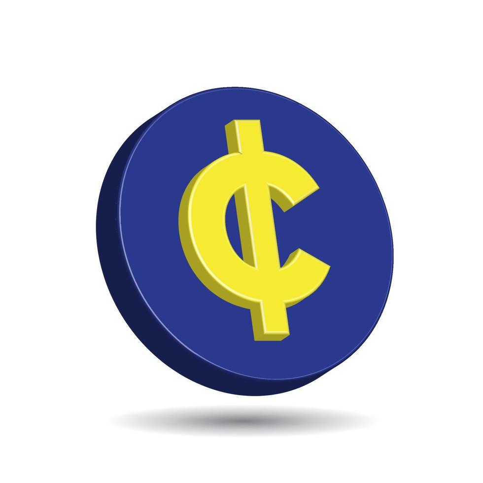 blauwe plastic munt met gele cent teken geïsoleerd in witte kleur achtergrond. valutasymbool van de basis munteenheid. eenvoudige en minimale cartoon 3D-vectorillustratie. vector