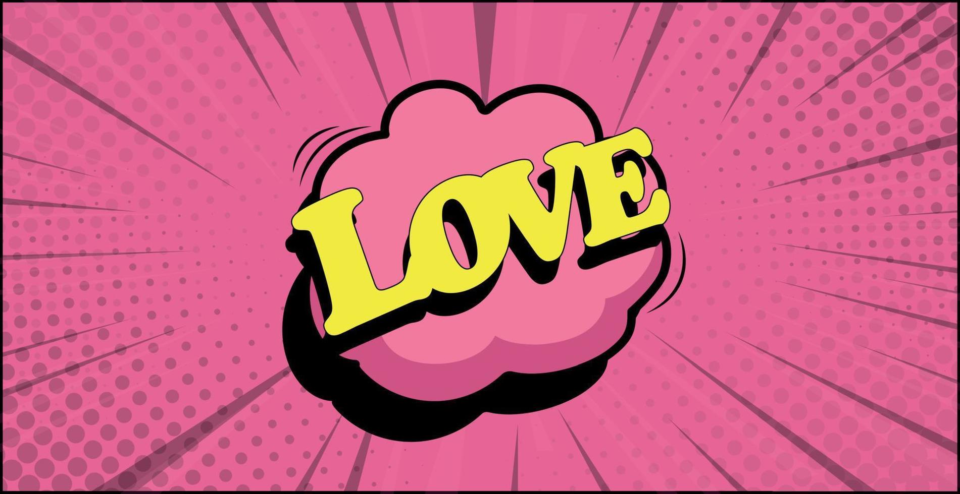 komische zoom inscriptie liefde op een gekleurde achtergrond - vector