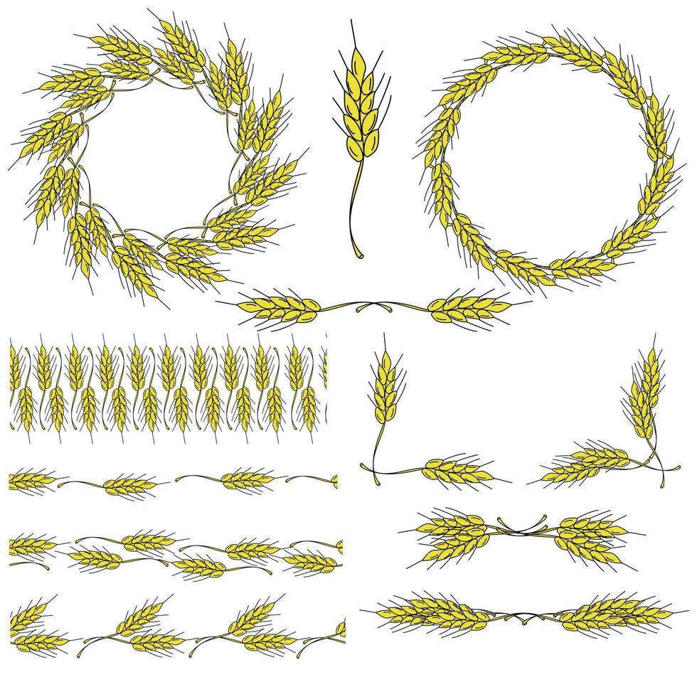 een set kransen, frames, verdelers en hoeken van aartjes, graanplanten voor een decoratief ontwerp voor een flyer, folder of banner vector