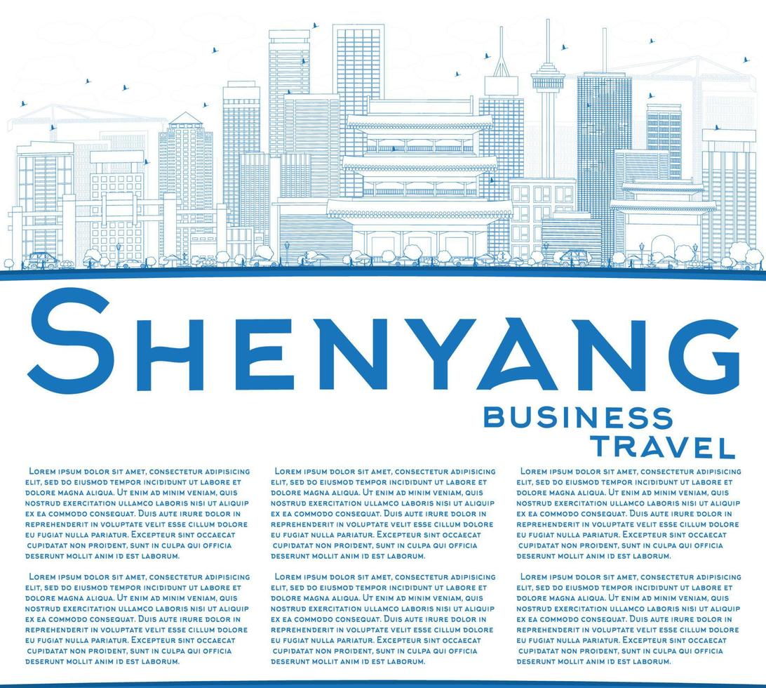 schets shenyang skyline met blauwe gebouwen en kopieer ruimte. vector