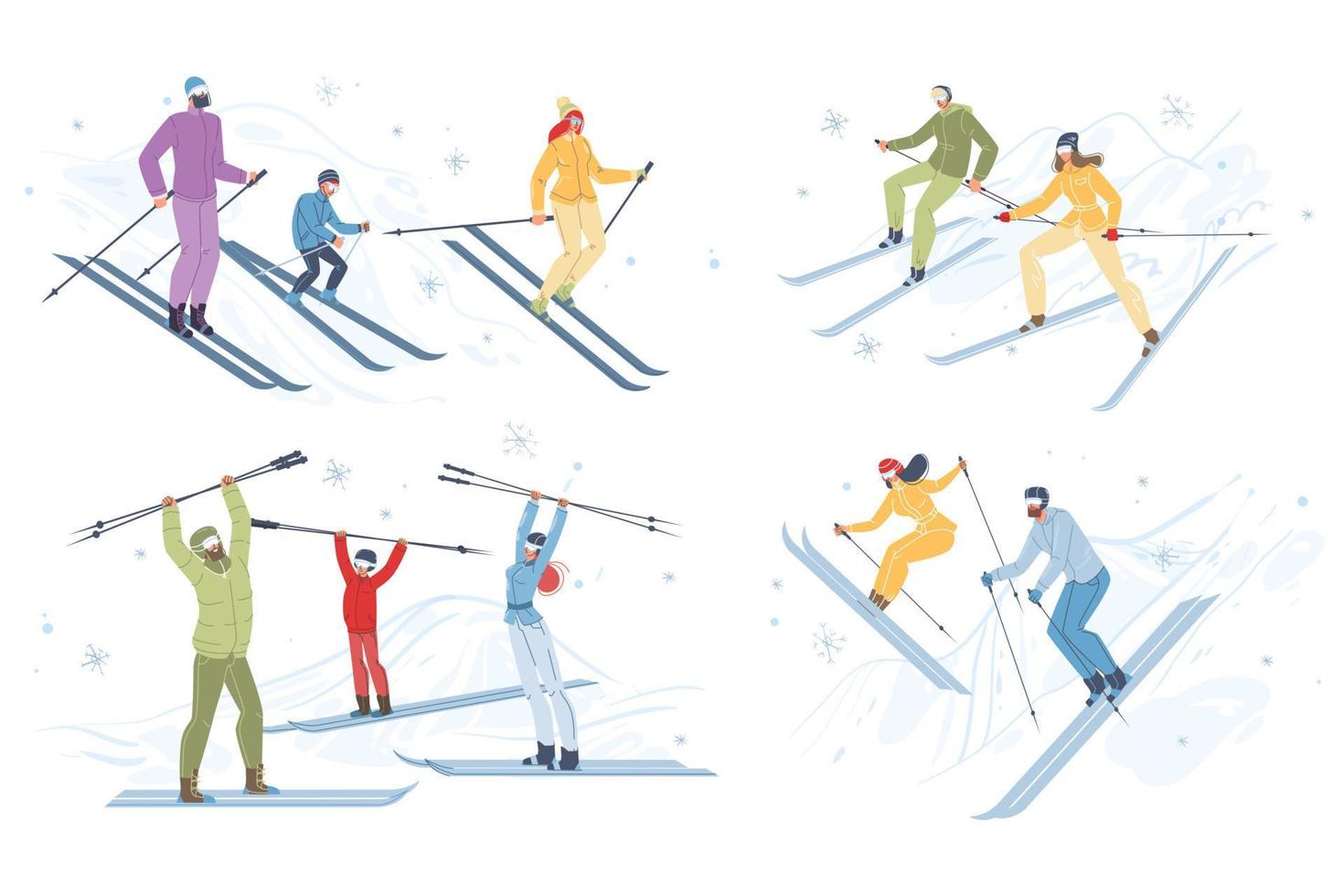 gelukkige mensen genieten van skiën winteractiviteitenset vector