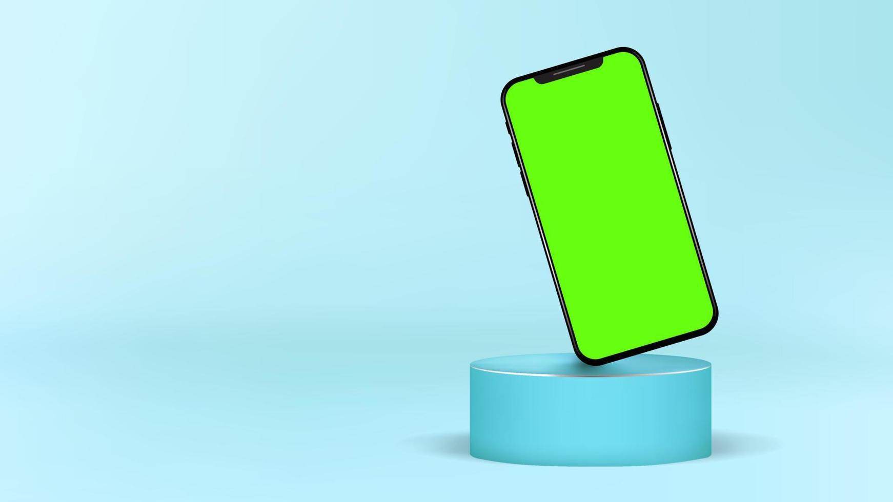 realistische cilinder podium moderne smartphone staande groen scherm leeg mockup sjabloon vector