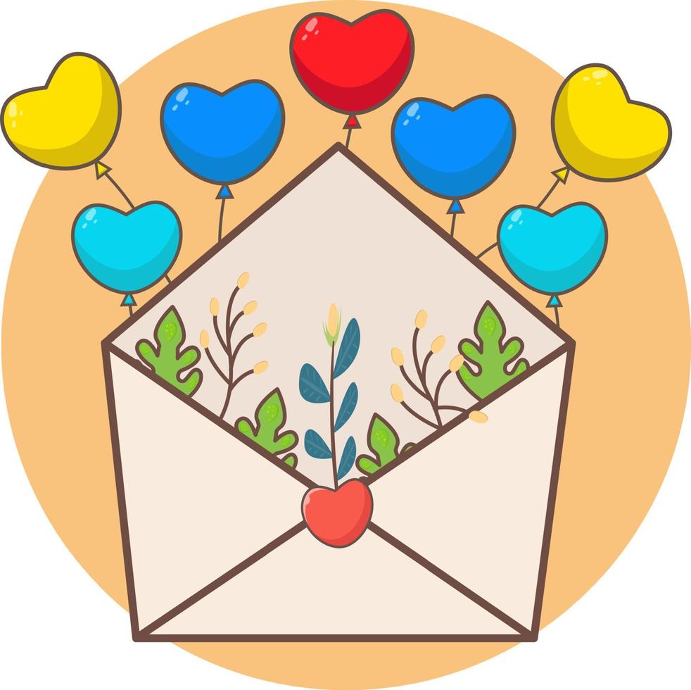 een romantische envelop met bloem en ballonnen. vector voor kaart, valentijn