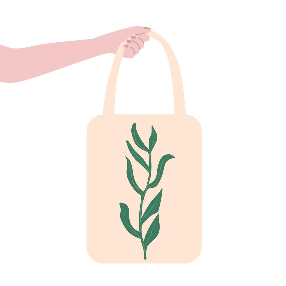 hand met eco canvas draagtas met groen blad. handgemaakte boodschappentassen. vector