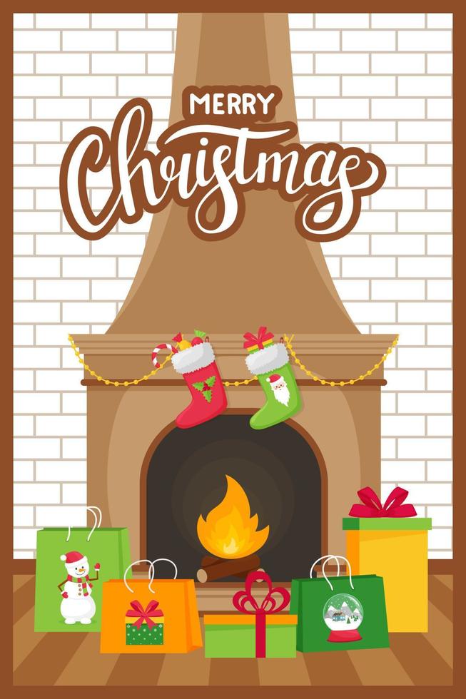 sjabloon nieuwjaar, kerstwenskaart met de woorden merry christmas.fireplace en geschenkzakken en dozen op een witte bakstenen muur background.concept van een kaart in een vlakke stijl met symbolen van Kerstmis vector