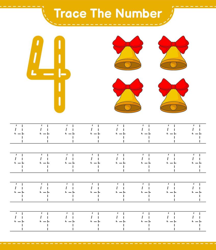 het nummer traceren. traceringsnummer met kerstbel. educatief kinderspel, afdrukbaar werkblad, vectorillustratie vector