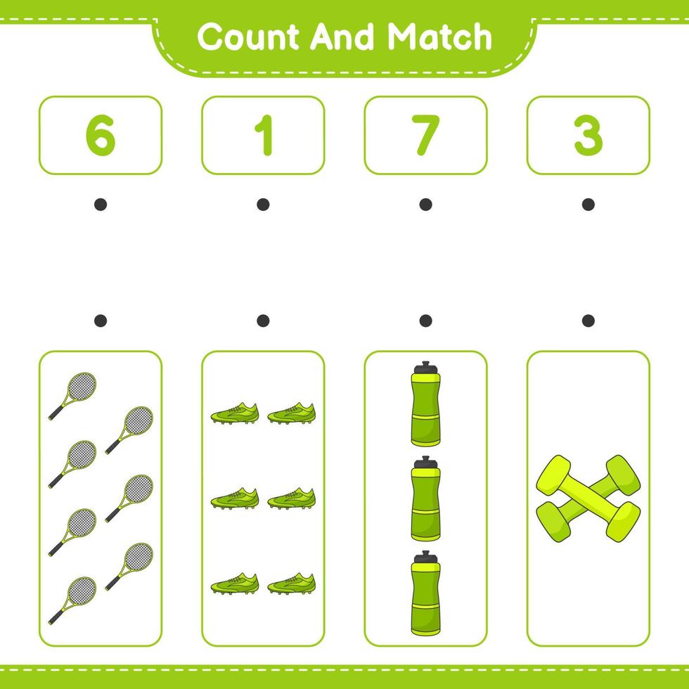 tel en match, tel het aantal bidons, tennisracket, voetbalschoenen, dumbbell en match met de juiste nummers. educatief kinderspel, afdrukbaar werkblad, vectorillustratie vector