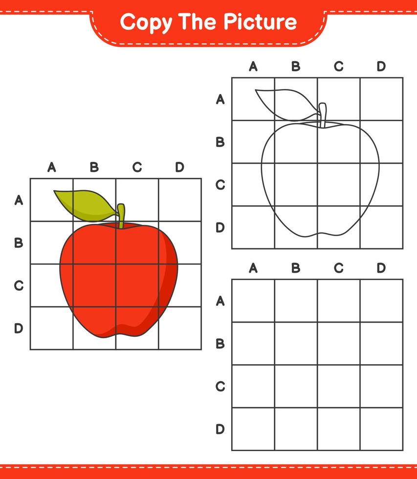 kopieer de afbeelding, kopieer de afbeelding van appel met rasterlijnen. educatief kinderspel, afdrukbaar werkblad, vectorillustratie vector