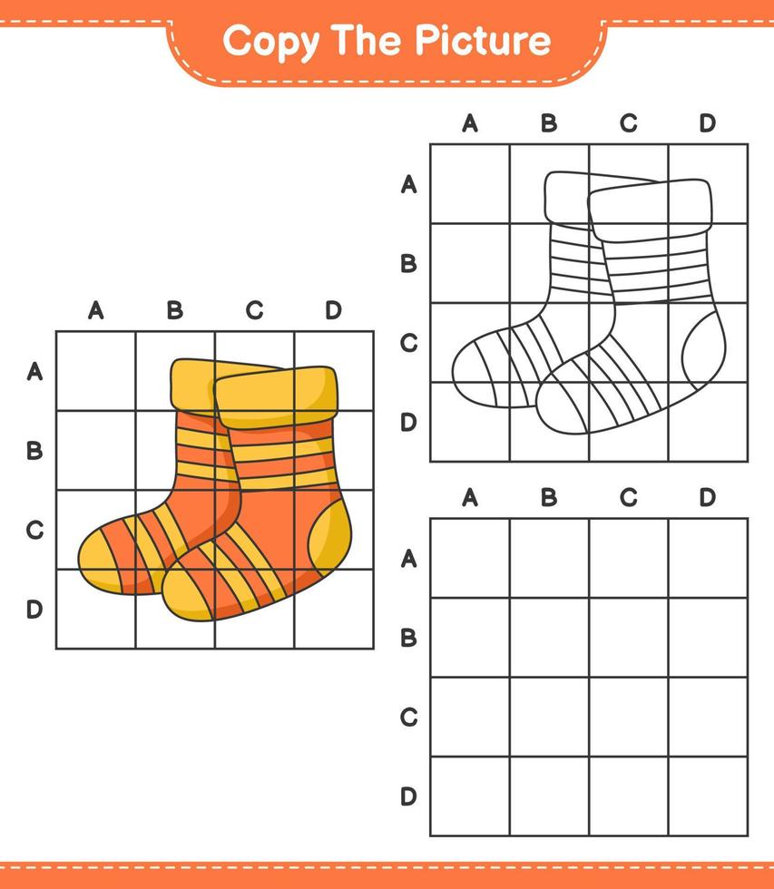 kopieer de afbeelding, kopieer de afbeelding van sokken met rasterlijnen. educatief kinderspel, afdrukbaar werkblad, vectorillustratie vector