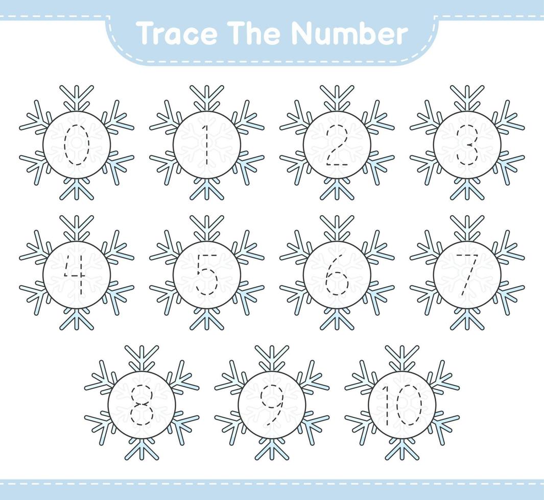 het nummer traceren. traceringsnummer met sneeuwvlok. educatief kinderspel, afdrukbaar werkblad, vectorillustratie vector