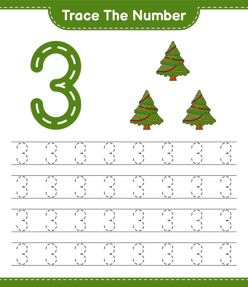 het nummer traceren. traceringsnummer met kerstboom. educatief kinderspel, afdrukbaar werkblad, vectorillustratie vector