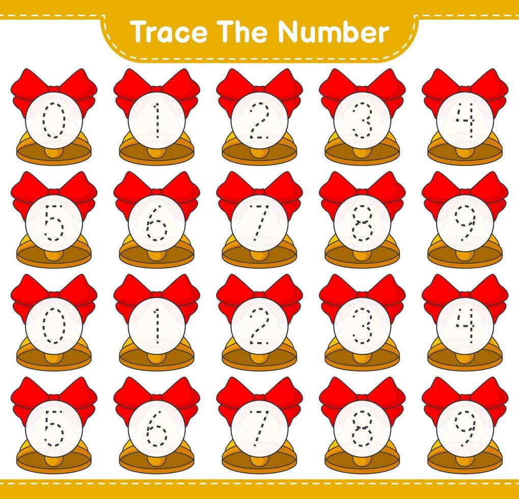 het nummer traceren. traceringsnummer met kerstbel. educatief kinderspel, afdrukbaar werkblad, vectorillustratie vector