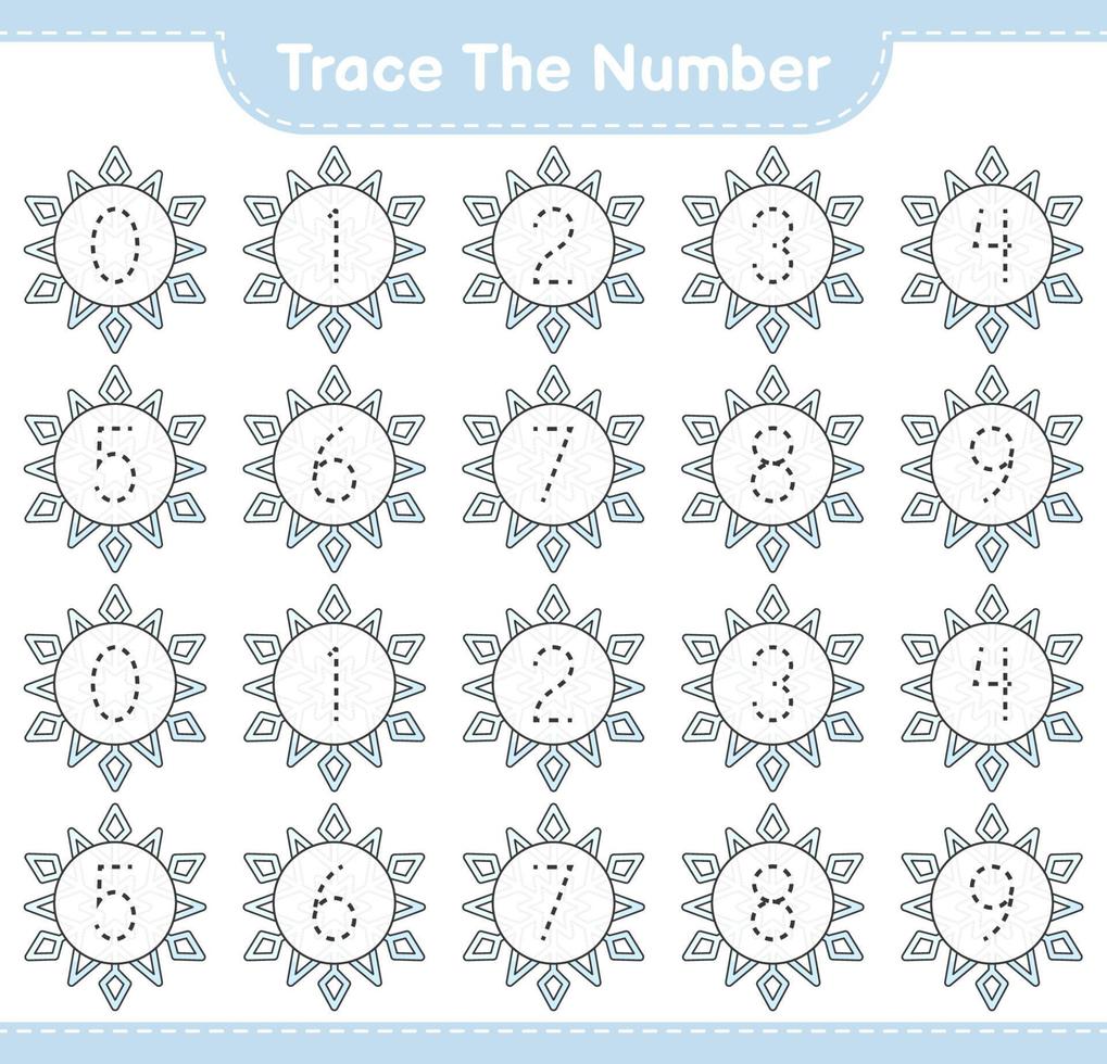 het nummer traceren. traceringsnummer met sneeuwvlok. educatief kinderspel, afdrukbaar werkblad, vectorillustratie vector