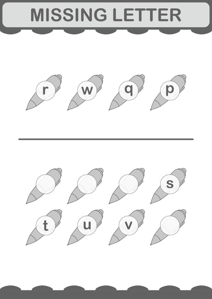 ontbrekende brief met pen. werkblad voor kinderen vector