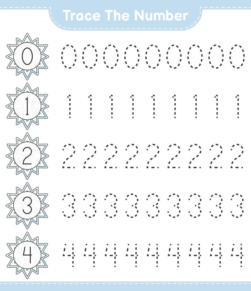 het nummer traceren. traceringsnummer met sneeuwvlok. educatief kinderspel, afdrukbaar werkblad, vectorillustratie vector