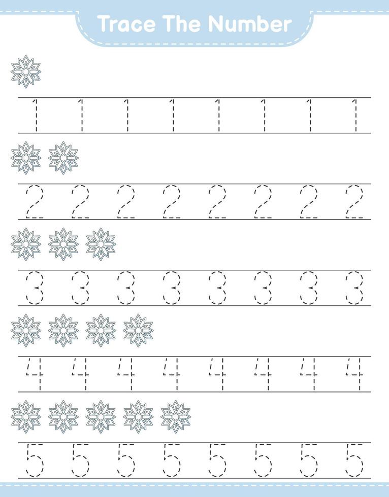 het nummer traceren. traceringsnummer met sneeuwvlok. educatief kinderspel, afdrukbaar werkblad, vectorillustratie vector