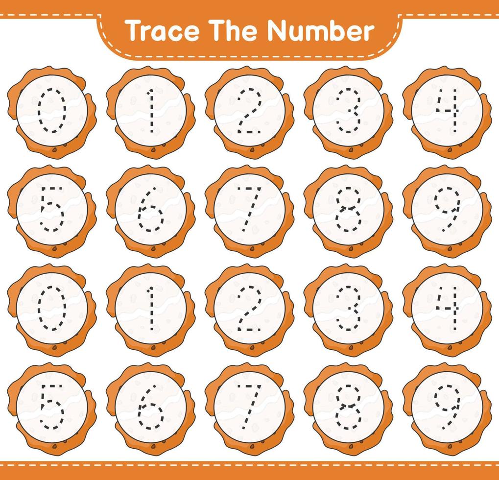 het nummer traceren. traceernummer met cookie. educatief kinderspel, afdrukbaar werkblad, vectorillustratie vector