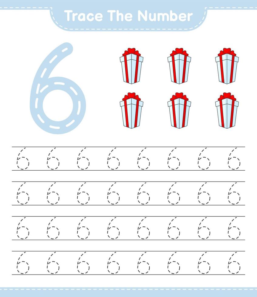 het nummer traceren. traceernummer met geschenkdoos. educatief kinderspel, afdrukbaar werkblad, vectorillustratie vector