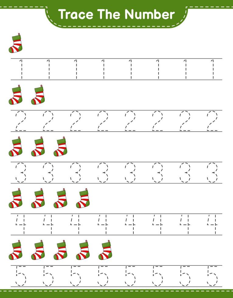 het nummer traceren. traceringsnummer met kerstsok. educatief kinderspel, afdrukbaar werkblad, vectorillustratie vector