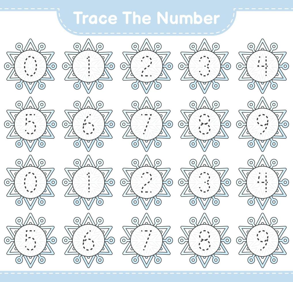 het nummer traceren. traceringsnummer met sneeuwvlok. educatief kinderspel, afdrukbaar werkblad, vectorillustratie vector