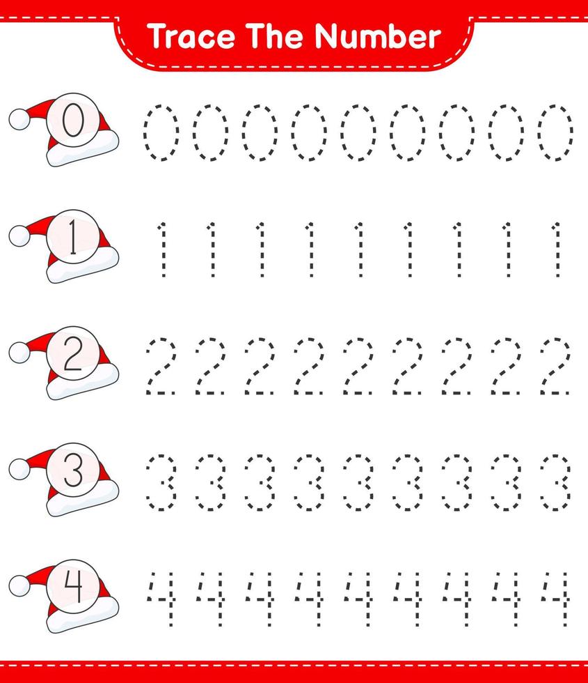 het nummer traceren. traceringsnummer met kerstmuts. educatief kinderspel, afdrukbaar werkblad, vectorillustratie vector