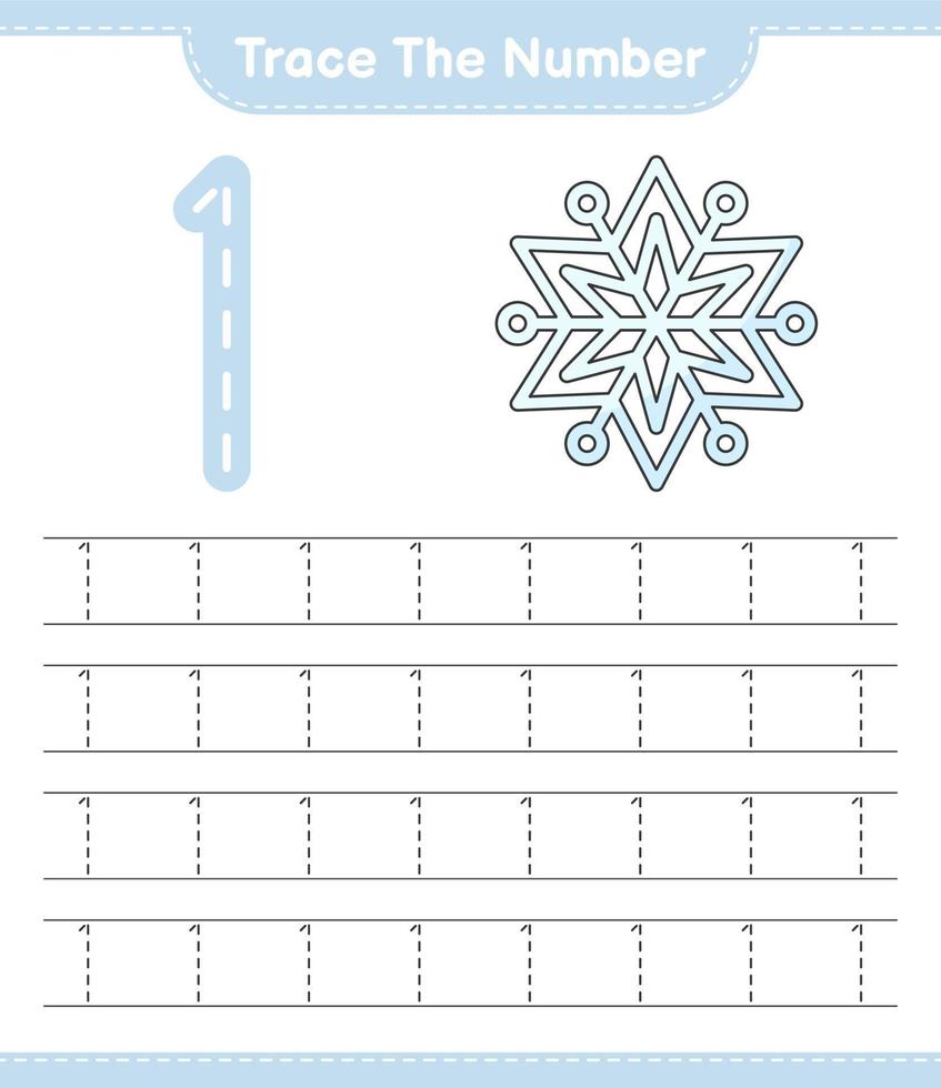 het nummer traceren. traceringsnummer met sneeuwvlok. educatief kinderspel, afdrukbaar werkblad, vectorillustratie vector