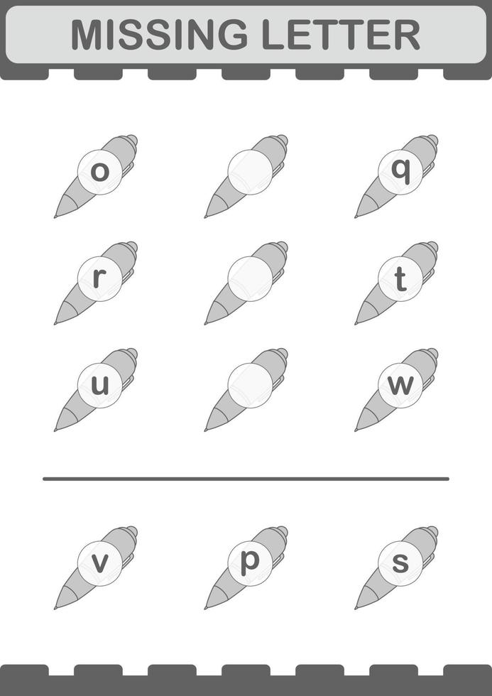 ontbrekende brief met pen. werkblad voor kinderen vector