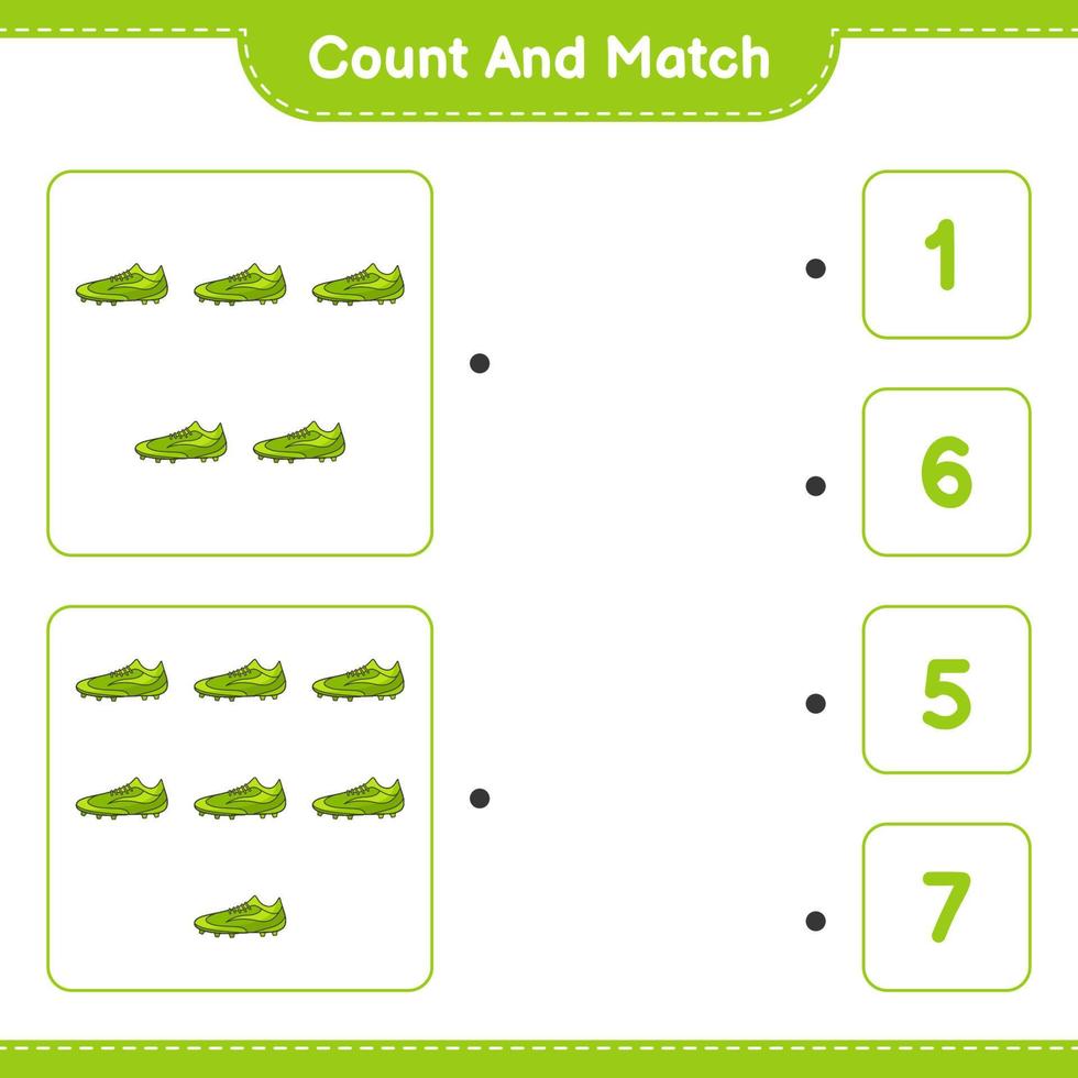 tel en match, tel het aantal voetbalschoenen en match met de juiste nummers. educatief kinderspel, afdrukbaar werkblad, vectorillustratie vector