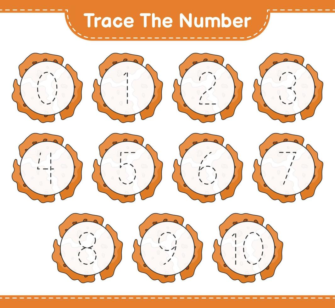 het nummer traceren. traceernummer met cookie. educatief kinderspel, afdrukbaar werkblad, vectorillustratie vector