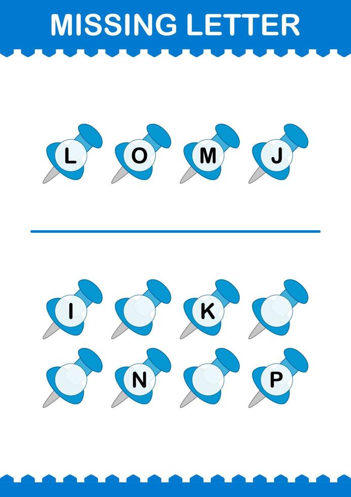 ontbrekende letter met punaise. werkblad voor kinderen vector