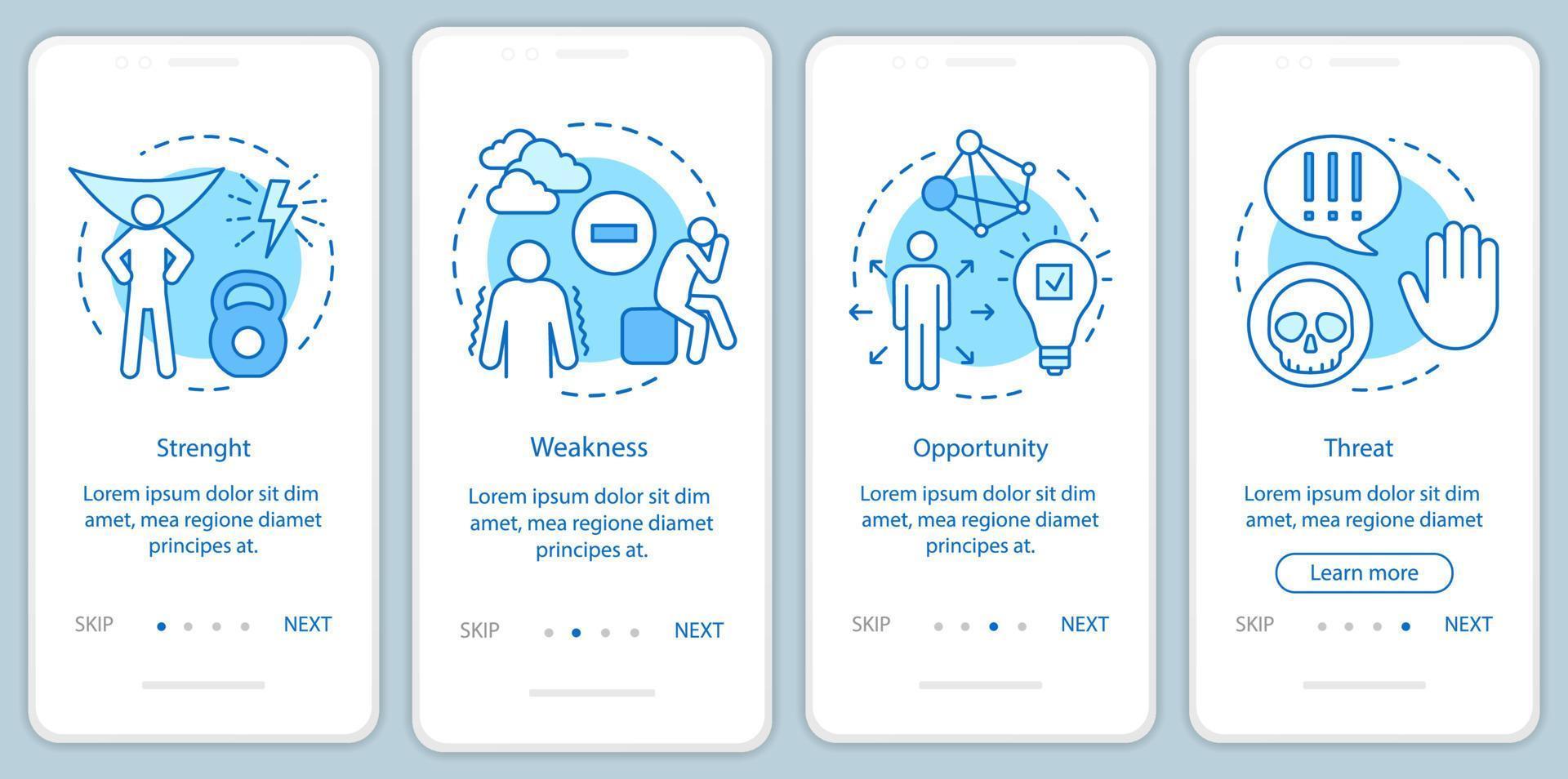 SWOT-analyse blauwe onboarding mobiele app-paginascherm vectorsjabloon. sterkte, zwakte, kans, bedreiging walkthrough websitestappen met lineaire illustraties. ux, ui, gui smartphone-interface vector