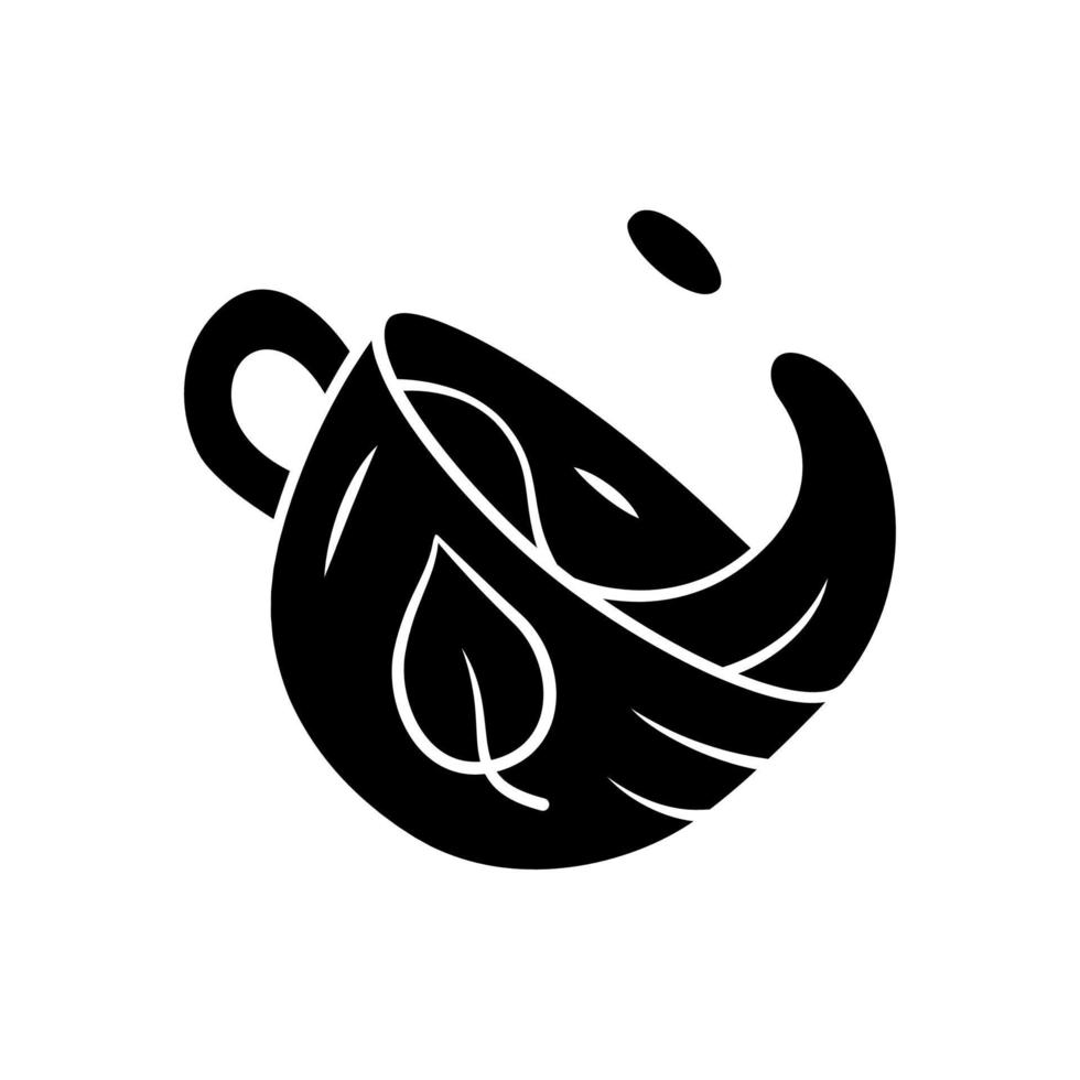 thee beker glyph icoon. hete dampende mok met splash. theewinkel, keukengerei, servies. bladembleem op kop. aromatische drank, drank. silhouet symbool. negatieve ruimte. vector geïsoleerde illustratie