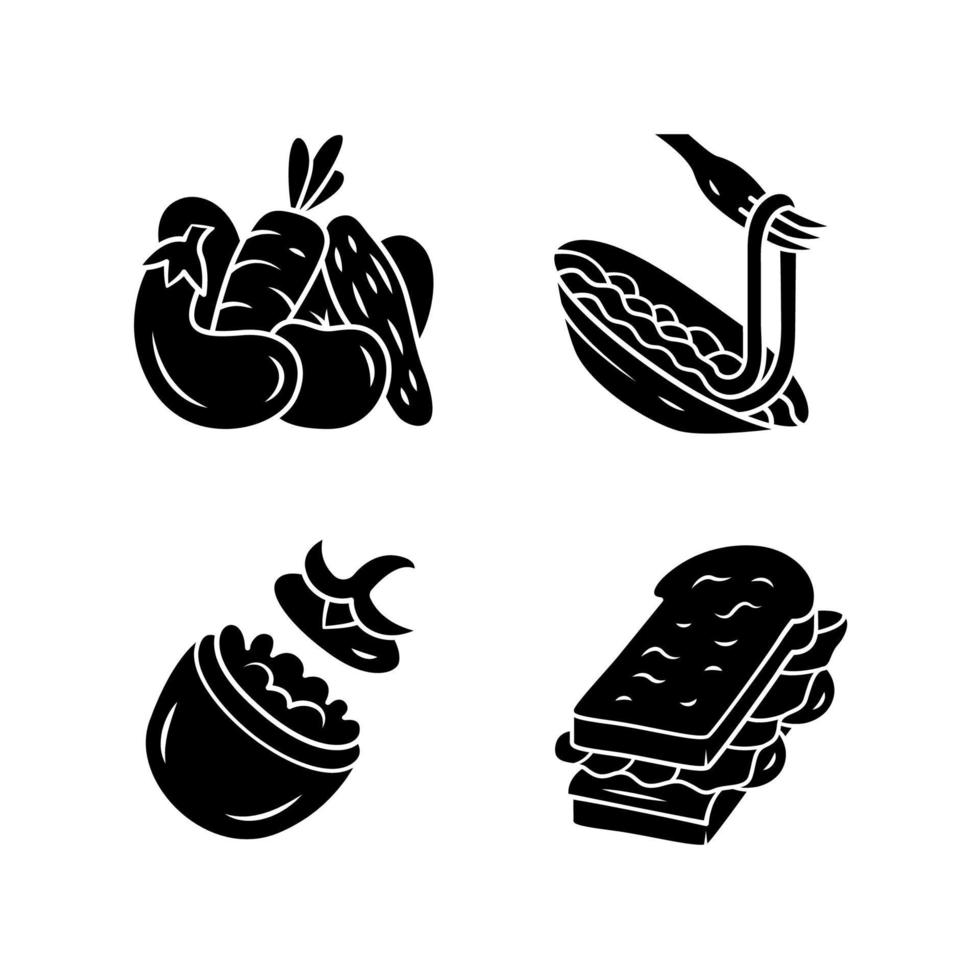 voedzaam voedsel glyph pictogrammen instellen. groenten, pasta, gevulde tomaat, sandwich. café, restaurantsnack, voorgerecht. gezonde voeding. salade, spaghetti. silhouet symbolen. vector geïsoleerde illustratie