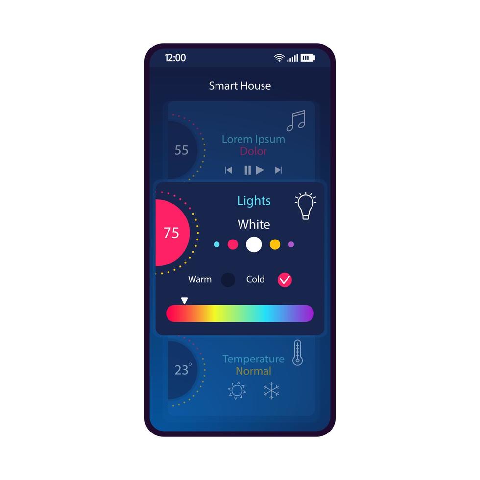 slimme huis smartphone interface vector sjabloon. mobiele app pagina blauwe ontwerplay-out. licht, verwarming, muziek afstandsbediening scherm. intelligente domotica systeem ui applicatie. telefoon display