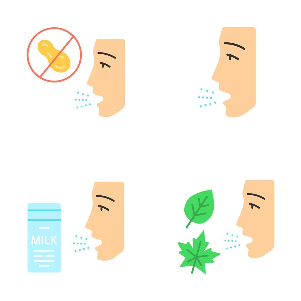 allergieën platte ontwerp lange schaduw kleur iconen set. pinda, melk, stof, schimmelintolerantie. oorzaken en symptomen van allergische aandoeningen. overgevoeligheid van het immuunsysteem. vector silhouet illustraties