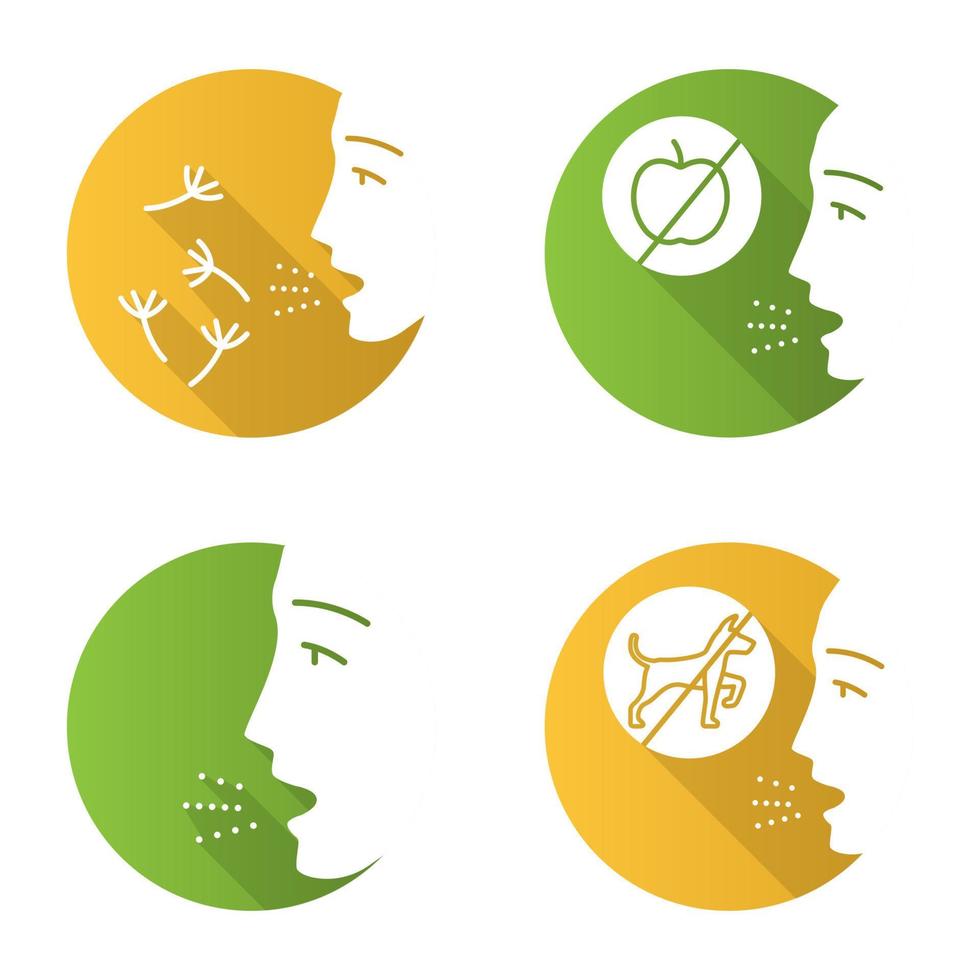 allergieën platte ontwerp lange schaduw glyph pictogrammen instellen. voedsel, pollen, hondenintolerantie. allergeen bronnen. allergische ziekte. overgevoeligheid van het immuunsysteem. medisch probleem. vector silhouet illustratie