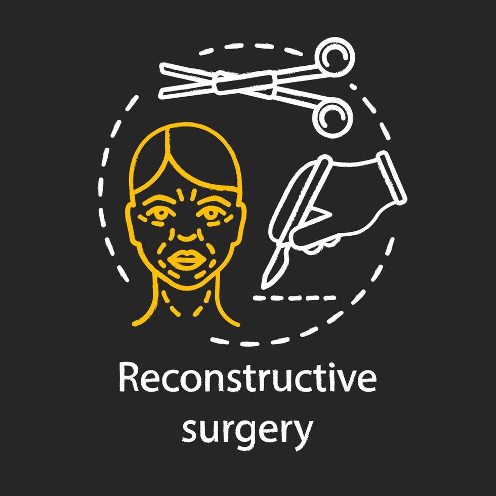 reconstructieve chirurgie krijt icoon. lichaamsstructuren behandeling. aangeboren afwijkingen. afwijkingen, trauma, tumoren. medische instrumenten. geïsoleerde vector schoolbordillustratie