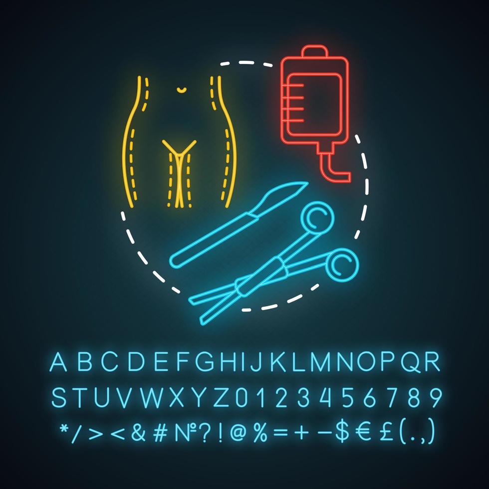 kom naar het neonlichtpictogram van de procedure. medische zorg. plastische chirurgie. medische instrumenten. lichaamscontouren operatie. gloeiend bord met alfabet, cijfers en symbolen. vector geïsoleerde illustratie