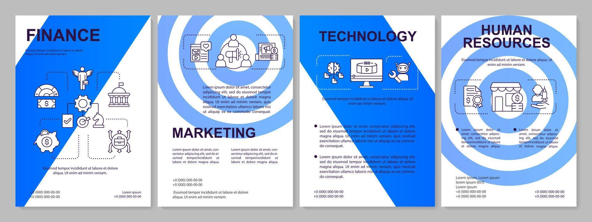 zakelijke ontwikkeling blauwe brochure sjabloon. bedrijfsinnovaties. folderontwerp met lineaire pictogrammen. 4 vectorlay-outs voor presentatie, jaarverslagen. vector