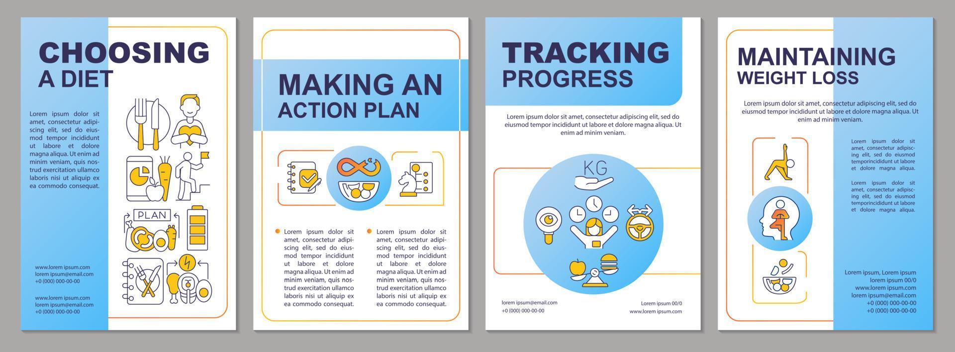 diëten blauwe brochure sjabloon. gezond voedingsplan. gewichtsverlies. folderontwerp met lineaire pictogrammen. 4 vectorlay-outs voor presentatie, jaarverslagen. vector